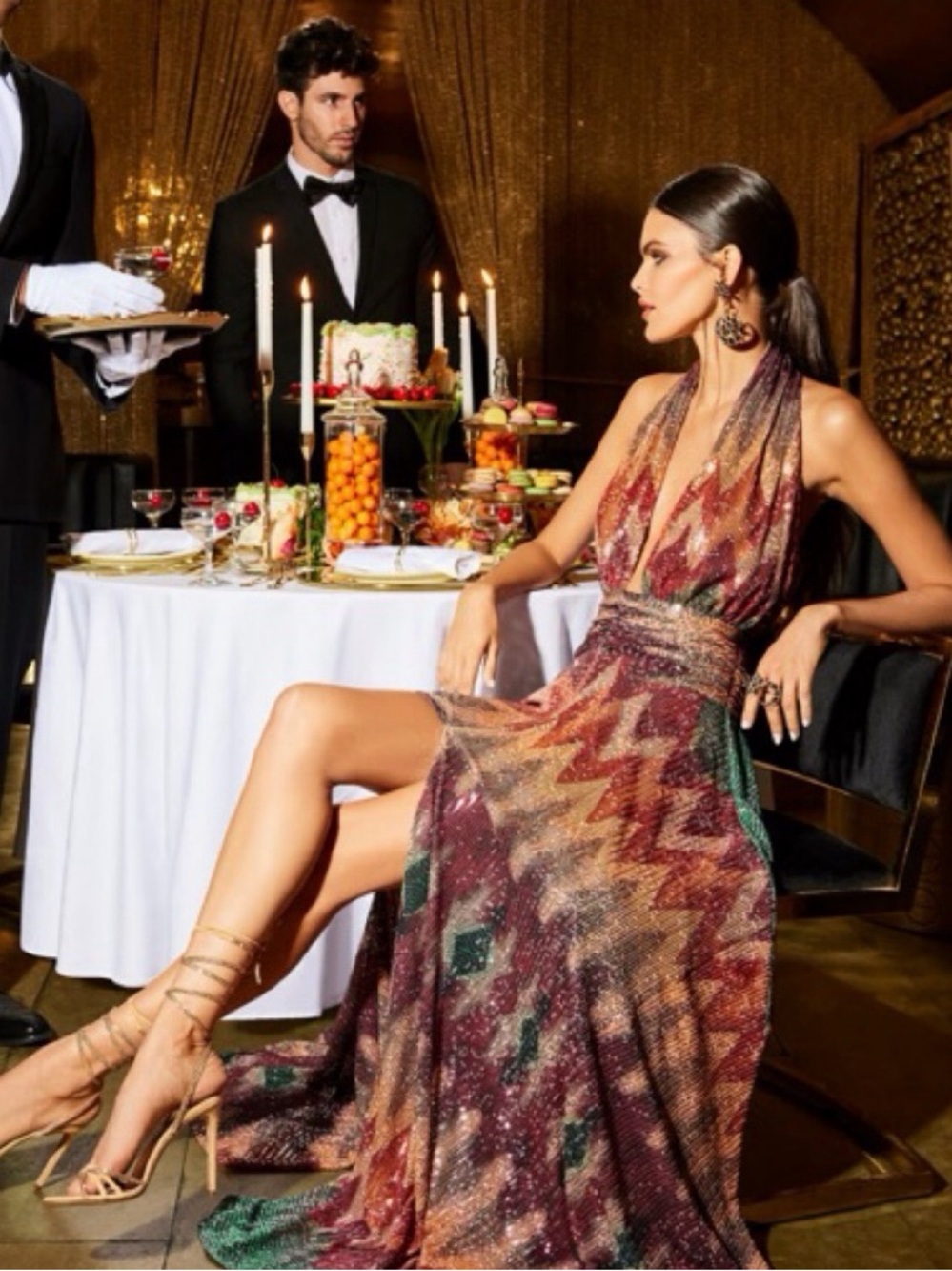 Ramy Brook Reyna Rust and Gold Plunging Halter Zigzag Maxi Dress - Picture 2 of 7